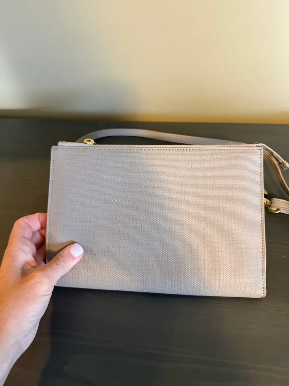 Dagne Dover Taupe Wristlet Crossbody with Gold Hardware